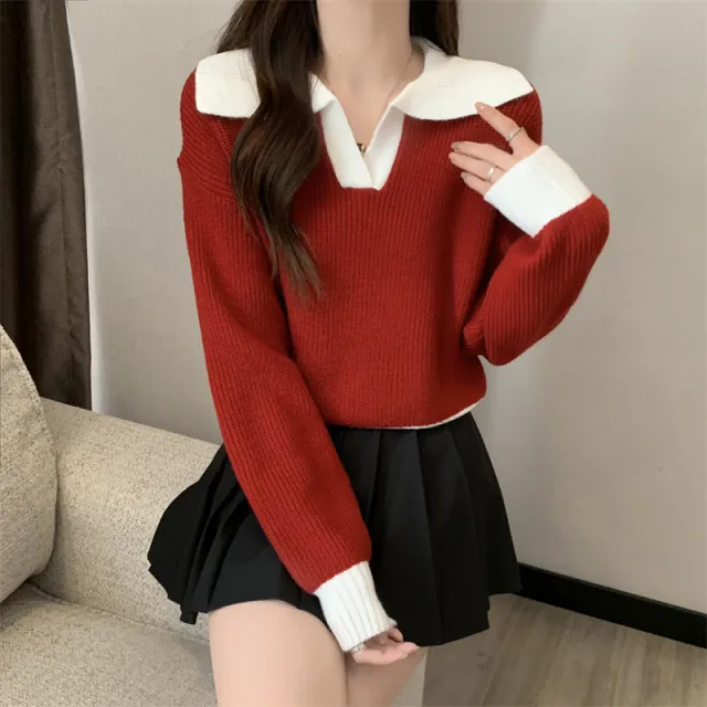 Contrast Color Polo Collar Soft Glutinous Sweater Women's Autumn And Winter Red - Shop at LoveMi
