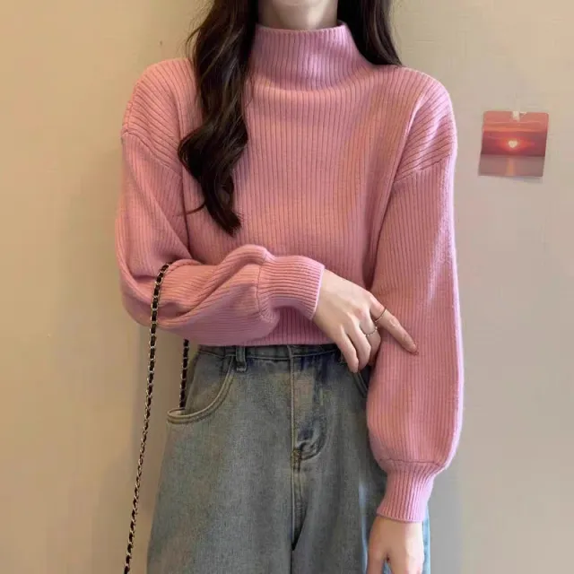Autumn And Winter High grade Mid collar Cored Yarn Half Turtleneck Knitted Bottoming Shirt For Women Pink - Shop at LoveMi