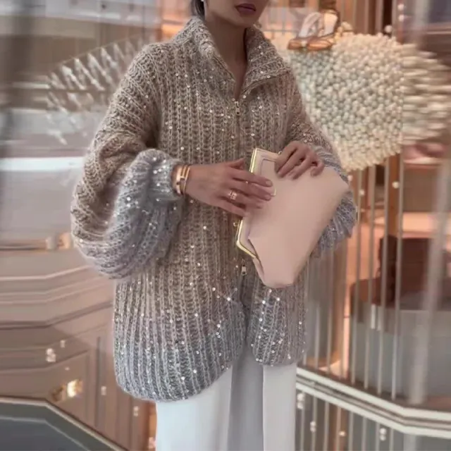 Heavy Embroidery Sequins Zipped Stand Collar Loose Sweater Coat Women Camel - Shop at LoveMi