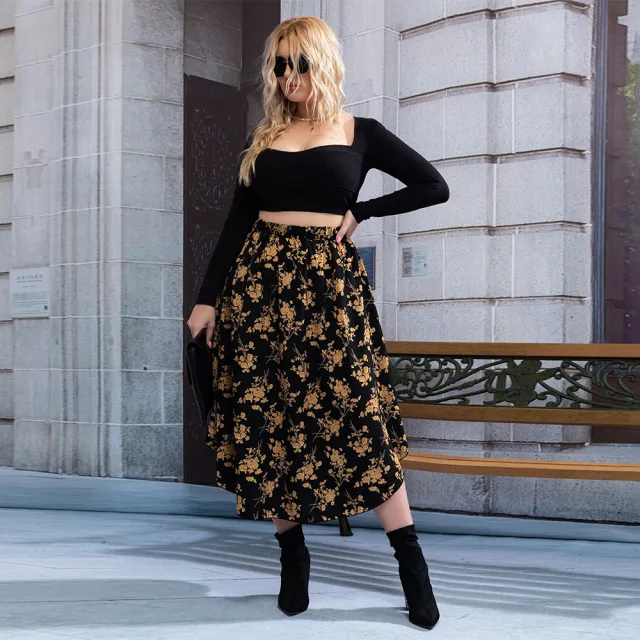 Commuter Style High waisted Draped Floral Print Skirt Black - Shop at LoveMi