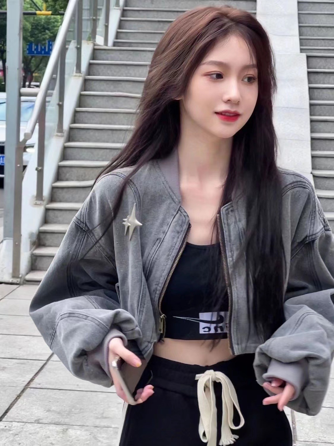 Women's Short Curved Hem Washed Denim Jacket 920 Short Gray - Shop at LoveMi