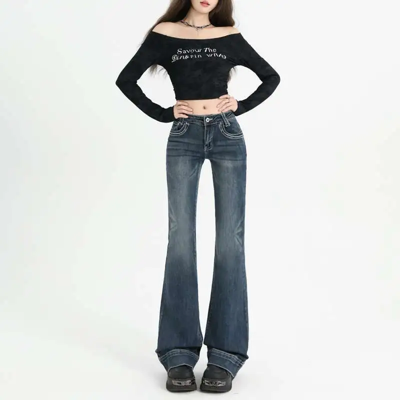 American Retro Stretch Washed Spicy Girl Flare Pants Women Low Waist Slimming - Blue
