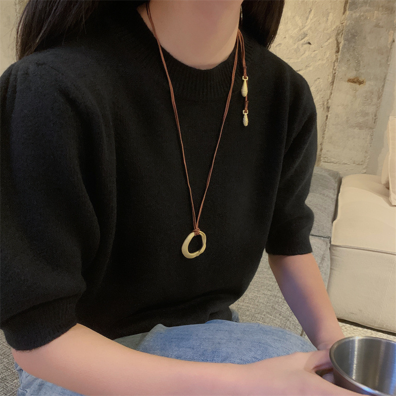Black Rope Ring Pendant Long Necklace