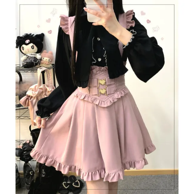 Top And Skirt Shirt High Waist Mid length Dress Set Two piece Set Black Pink - Shop at LoveMi