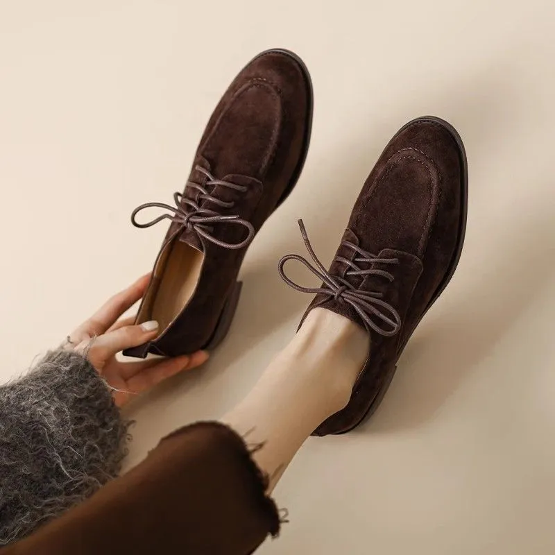 Retro Loafers Lace-up Deep Mouth Pumps Women - Brown