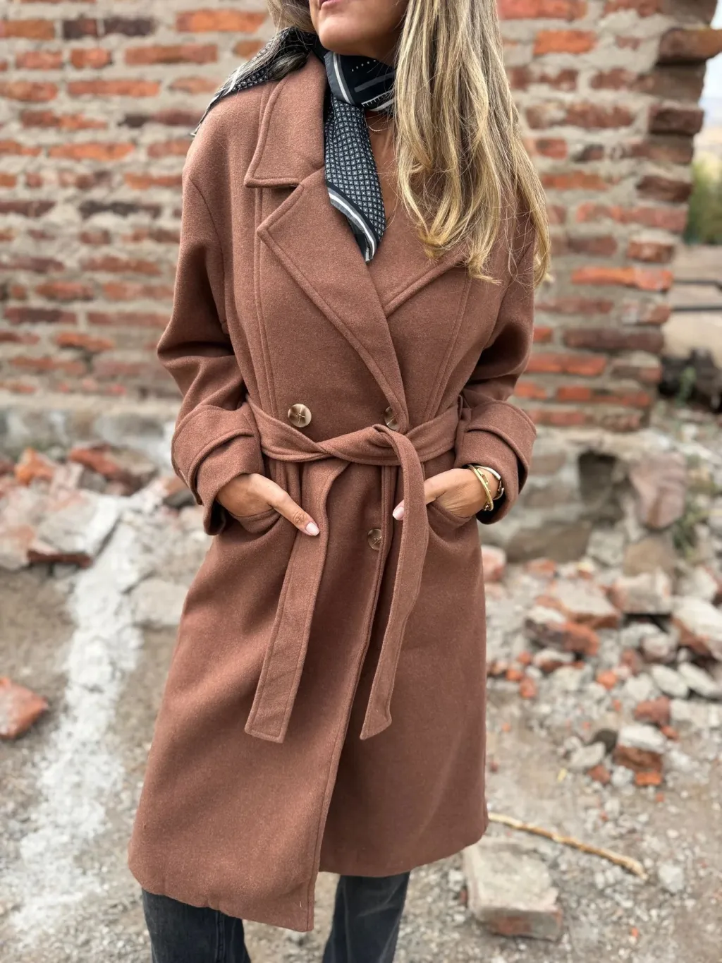 Autumn And Winter Lacing Cardigan Casual Long Sleeve Lapel Woolen Pocket Coat Women - Brown