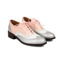 Colour Matching Pumps Round Head Shallow Mouth Front Lace-up Women's Chunky Heels - Pink - View 1