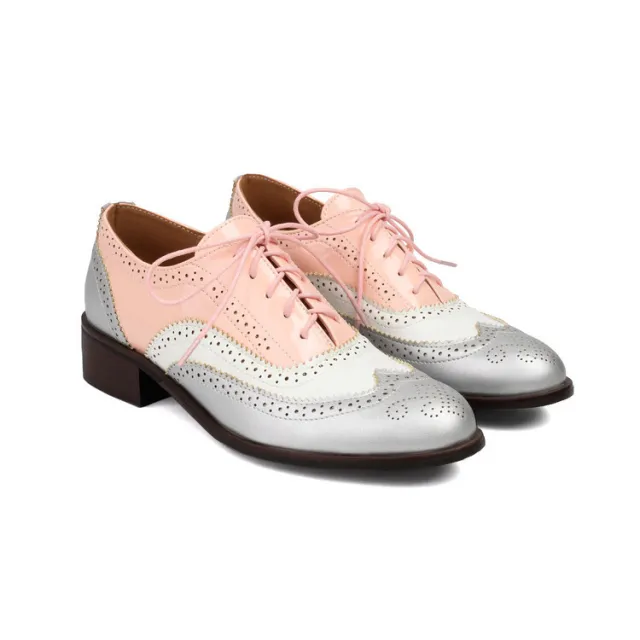 Color Matching Pumps Round Head Shallow Mouth Front Lace up Women's Chunky Heels Pink - Shop at LoveMi