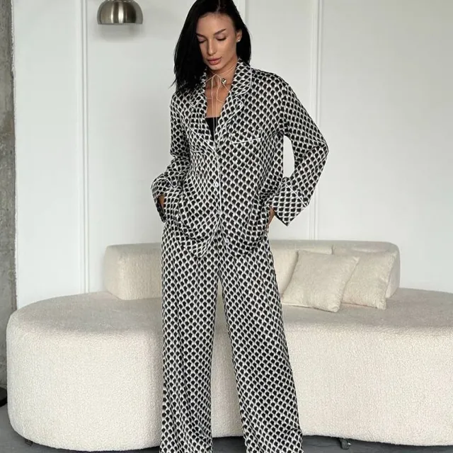 New Silk look Pajama Set Featuring Long Sleeves And Long Pants Black - Shop at LoveMi