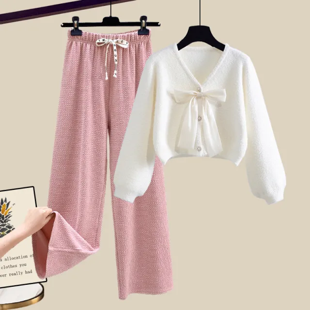 Soft Glutinous Bow Cardigan Sweater Wide leg Casual Pants Two piece Set Suit 3 - Shop at LoveMi