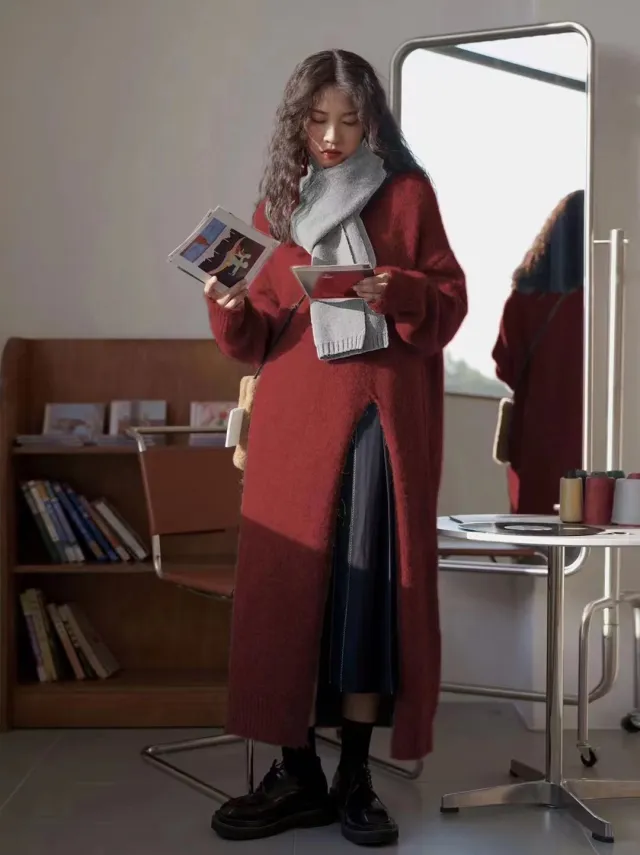 Autumn And Winter Loose Side Slit Long Knitted Sweater Dress Red - Shop at LoveMi