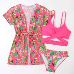 Fashion Girls Floral Split Overclothes Swimsuit - Floral - View 1