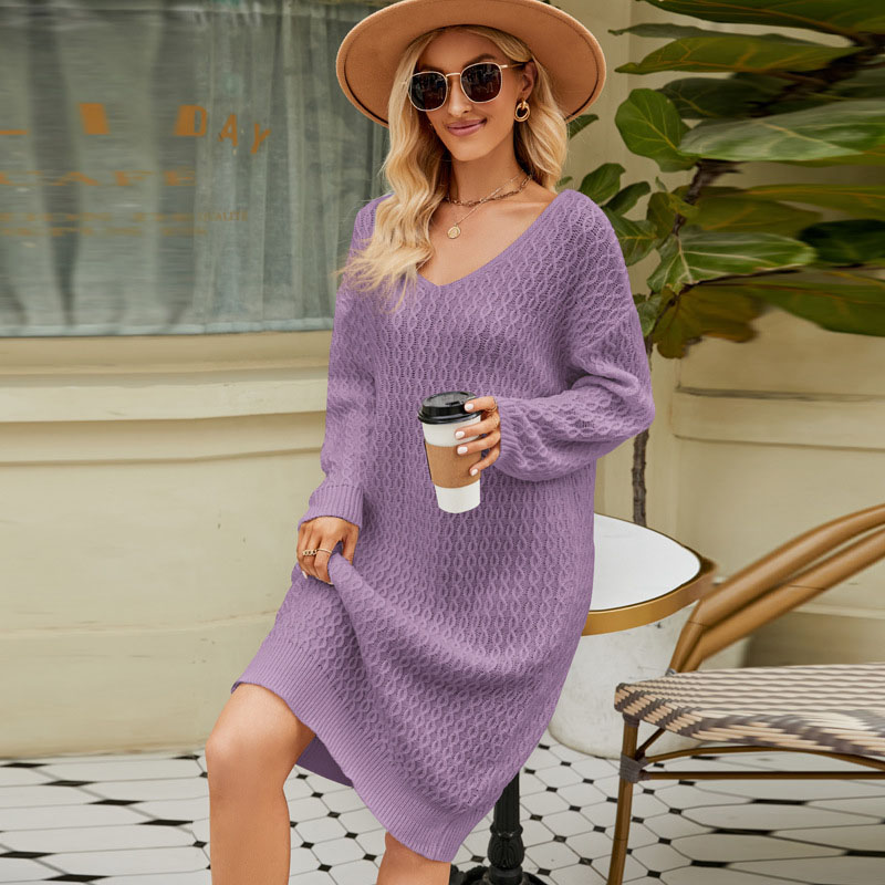 Women's Loose Solid Color Knitwear Dress Mid length Autumn And Winter Lazy Pullover Sweater Purple - Shop at LoveMi