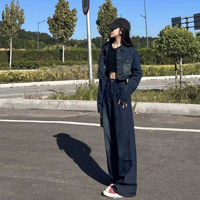Wide Leg Jeans Two piece Suit Dark Blue Top Pants - Shop at LoveMi