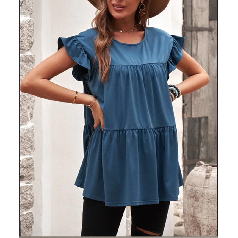 New Ruffle Sleeve Round Neck Dress Pleated Solid Color Dress For Women