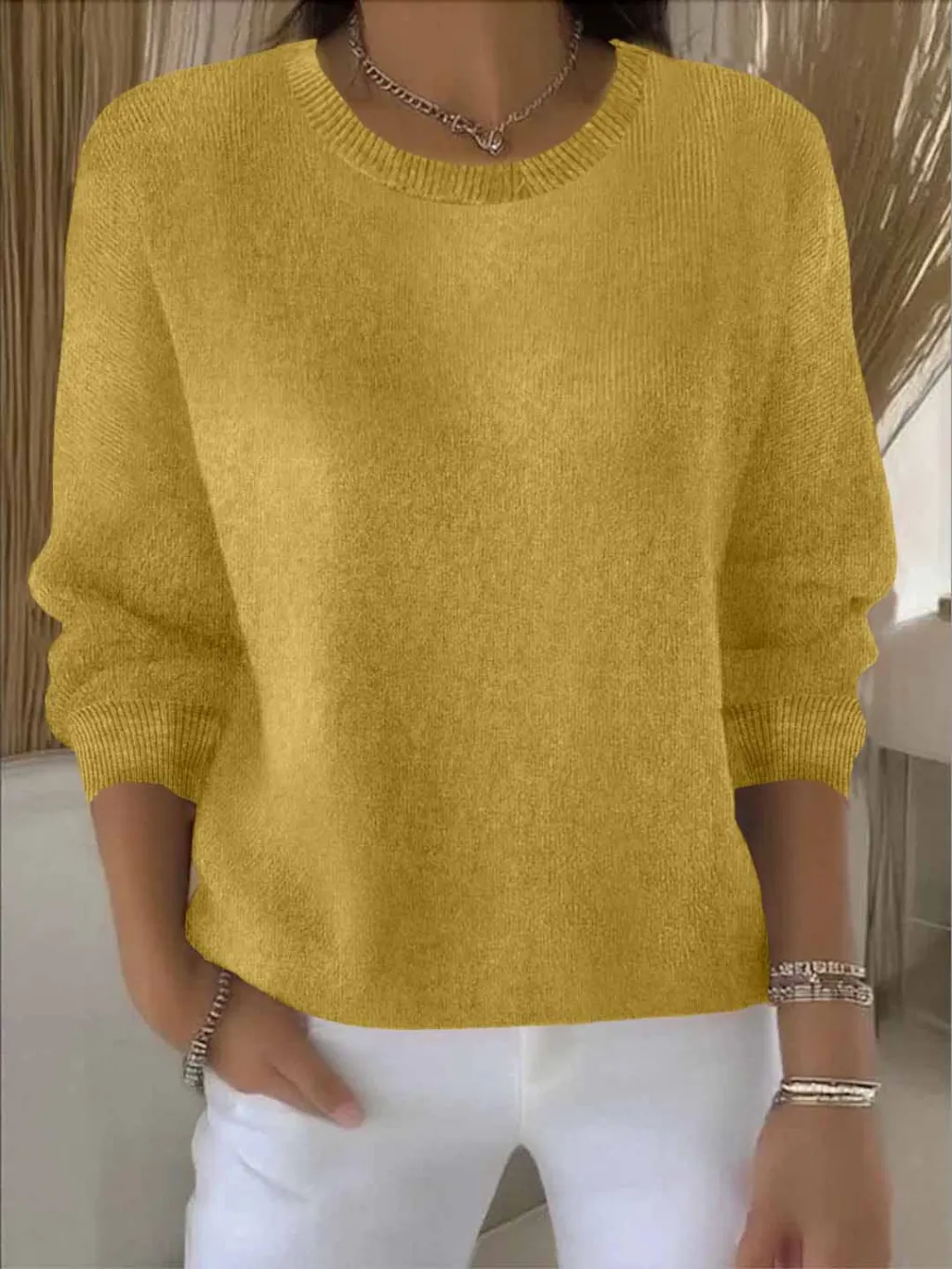 Women's Solid Color Long Sleeve Sweater - Yellow