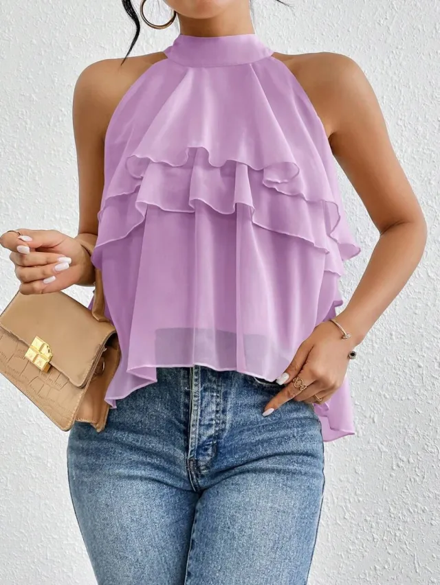 Women's Versatile Solid color Halter neck Sleeveless Top With An Irregular Ruffled Hem Purple - Shop at LoveMi