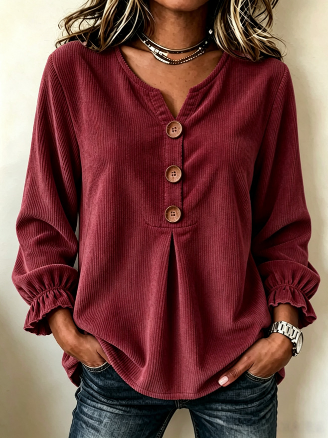 Women's corduroy blouse – patchwork detail and long sleeve close-up