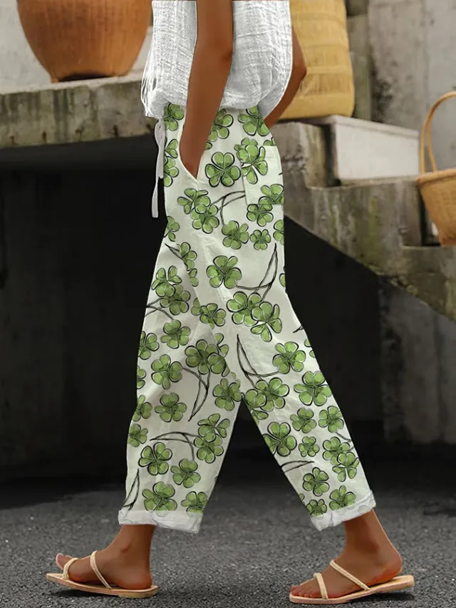 Women's Simple Tassel Striped Striped Pocket Floral Print Casual Trousers Style1 - Shop at LoveMi