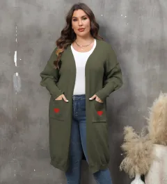 Women's Plus Size Mid-length Woven Love Double Pocket Lantern Sleeve Sweater Cardigan - Army Green - View 1