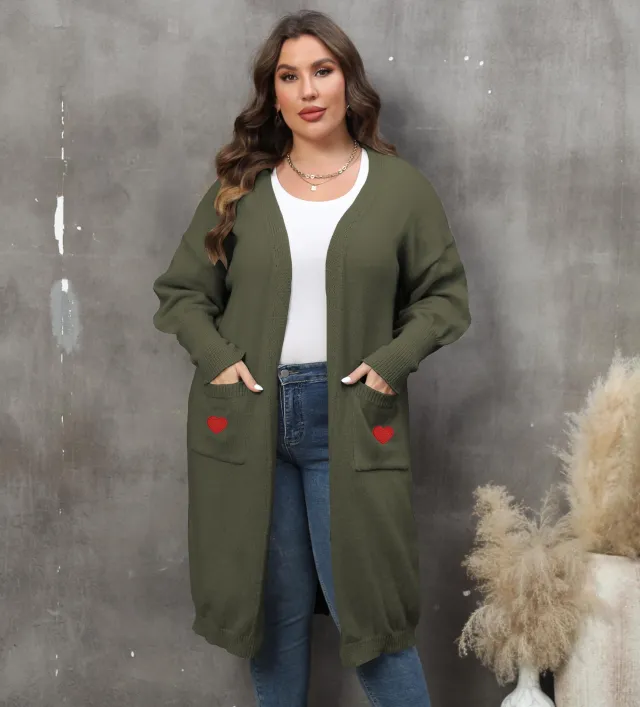 Women's Plus Size Mid length Woven Love Double Pocket Lantern Sleeve Sweater Cardigan Army Green - Shop at LoveMi