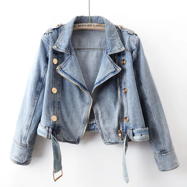 Women's Short Loose Top Motorcycle Jacket Light Blue - Shop at LoveMi