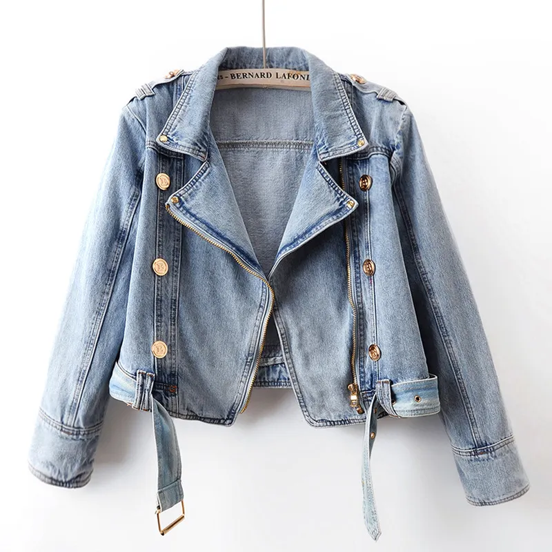 Women's Short Loose Top Motorcycle Jacket - Light Blue