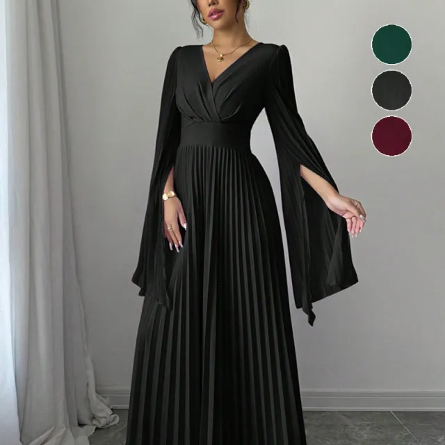 Women's High waisted Long Deep V neck Long sleeve Flared sleeve Dress Black - Shop at LoveMi