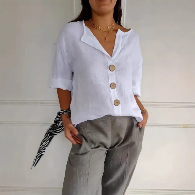 Loose fit Women's V neck Cotton Linen Button T shirt Top White - Shop at LoveMi