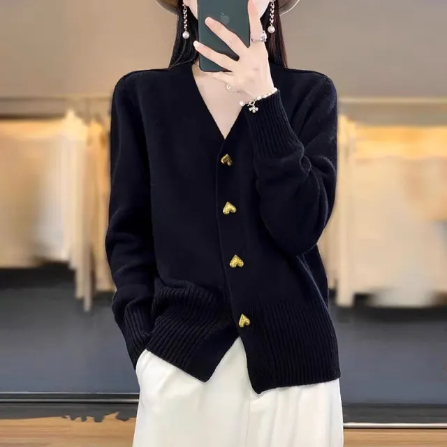 Heart Buckle Solid Color Knitted V neck Cardigan Loose Sweater For Women Black - Shop at LoveMi