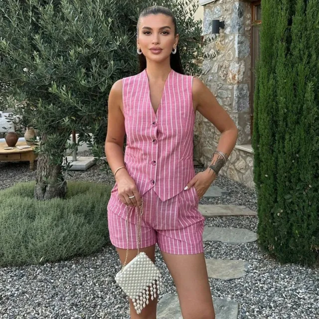 Summer Stripes Cotton And Linen Vest Shorts Set Pink - Shop at LoveMi