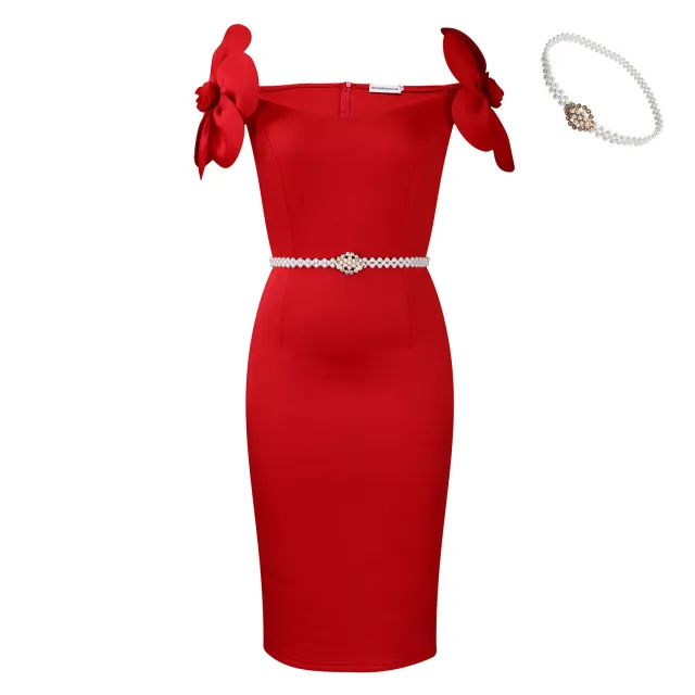 Women's Three dimensional Floral Elegant Dress Red Belt - Shop at LoveMi