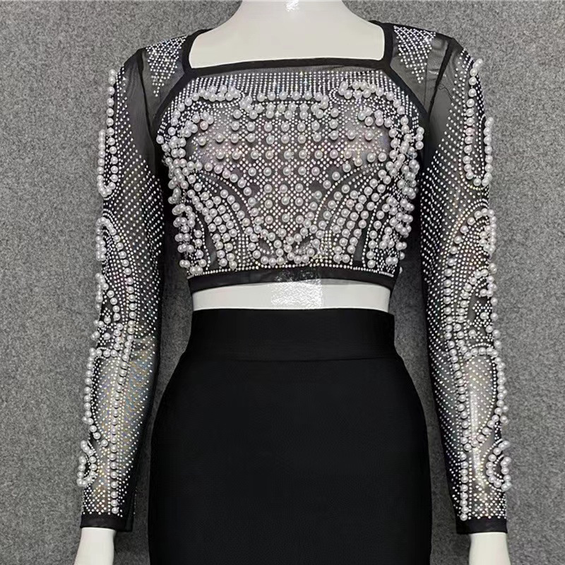 Women's Square Collar Heavy Industry Beads Rhinestone Long Sleeve Two-piece Suit