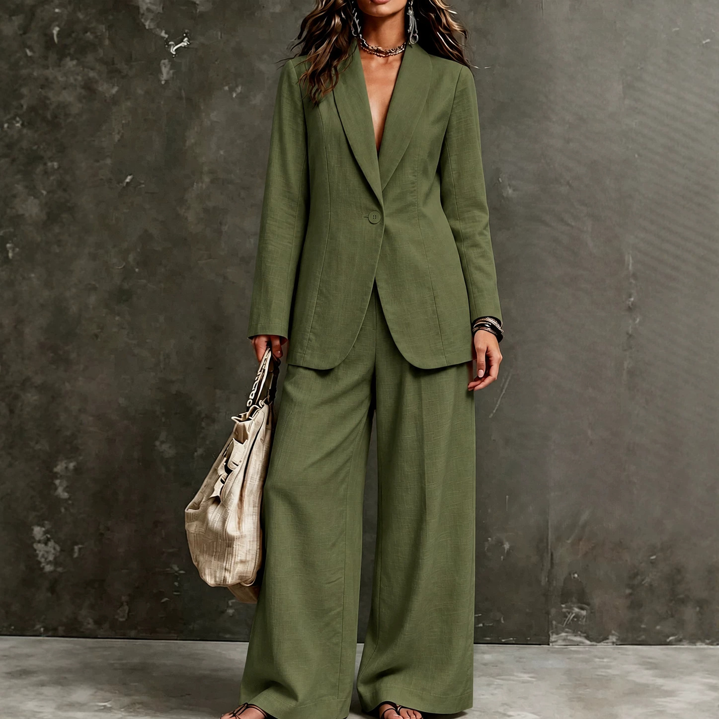 Womens New Linen Loose-fit Wide-leg Pants And Blazer Two-piece Set