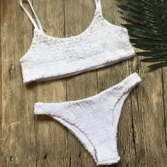 Bikini Ins Sexy Pleated Triangle Swimsuit Beach Solid Colour Swimsuit For Women - White - View 1