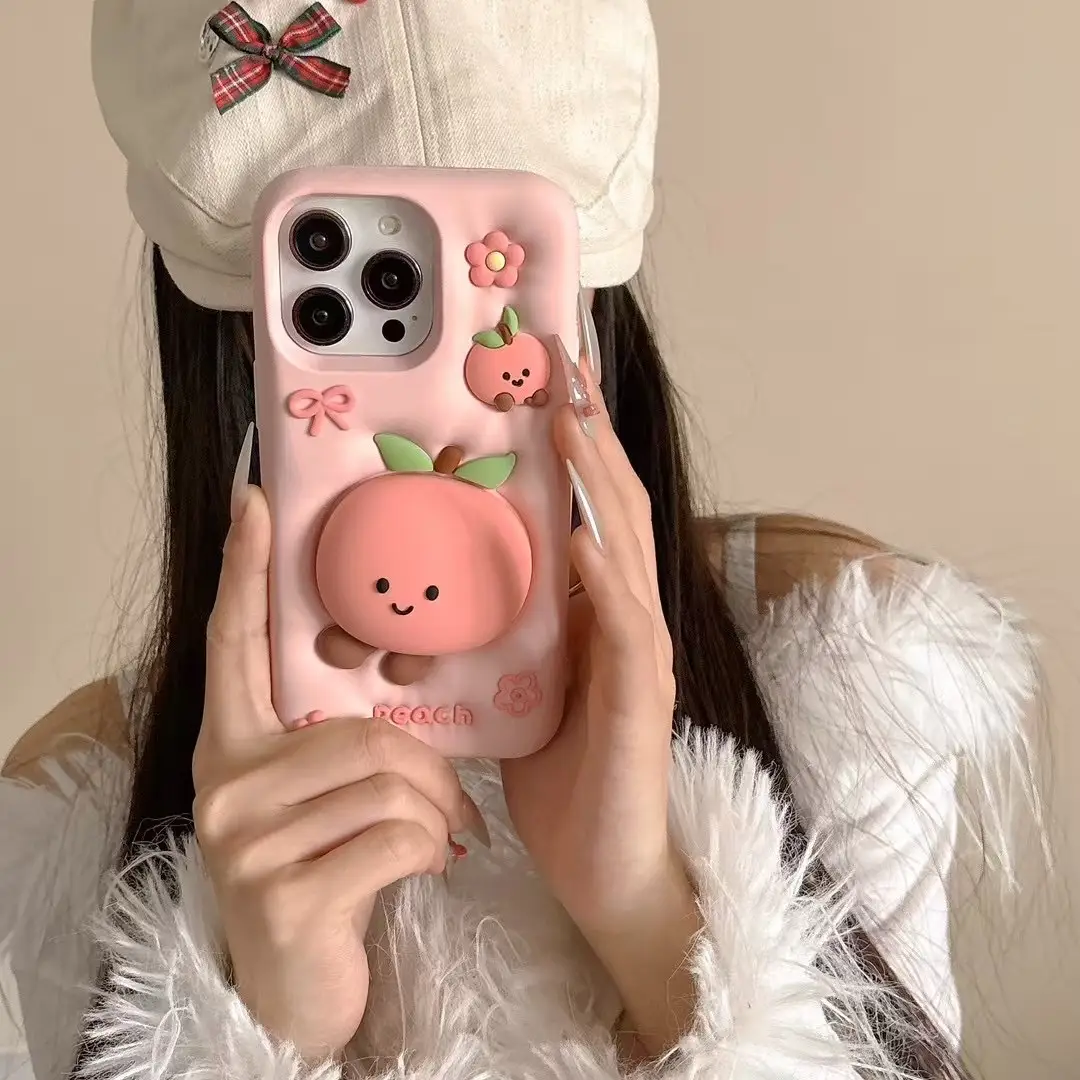 Cute Cartoon Peach Shaped Stand Phone Case Drop Proof Cover