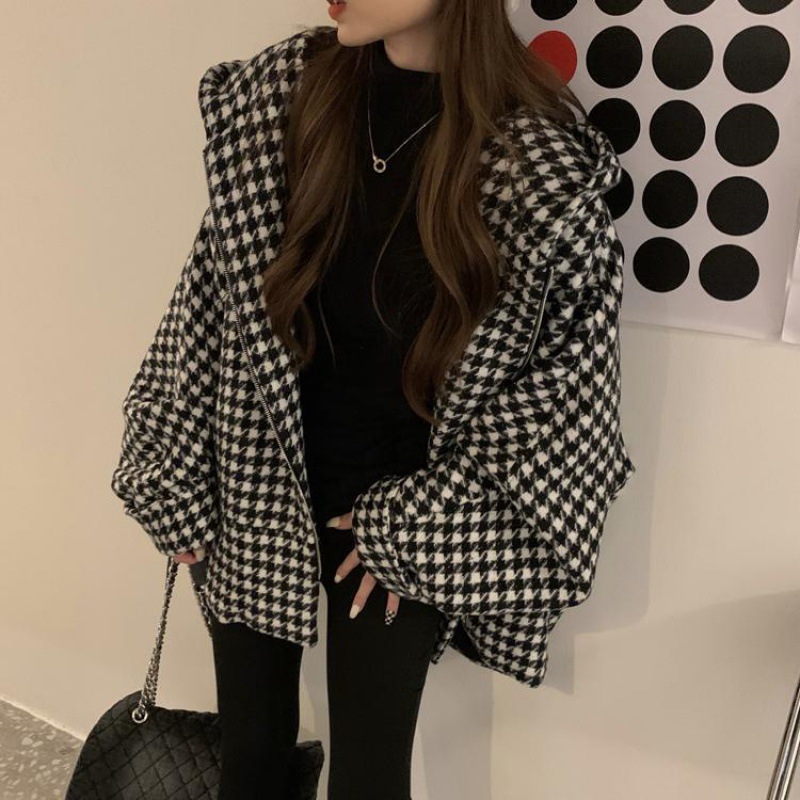 Female Houndstooth Embroidered Baseball Uniform Fall Winter Coat