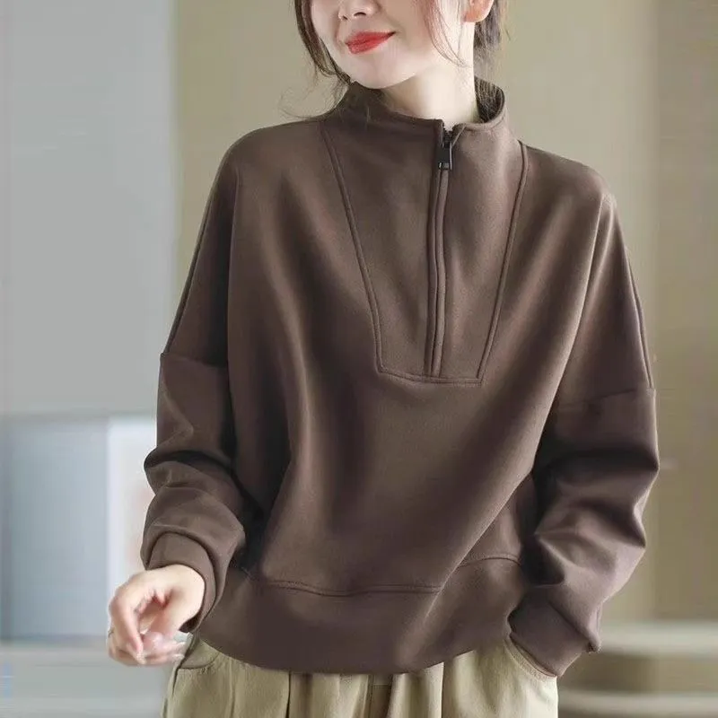 Long Sleeve Short Top Plus Size Women's Fashion - Coffee Color
