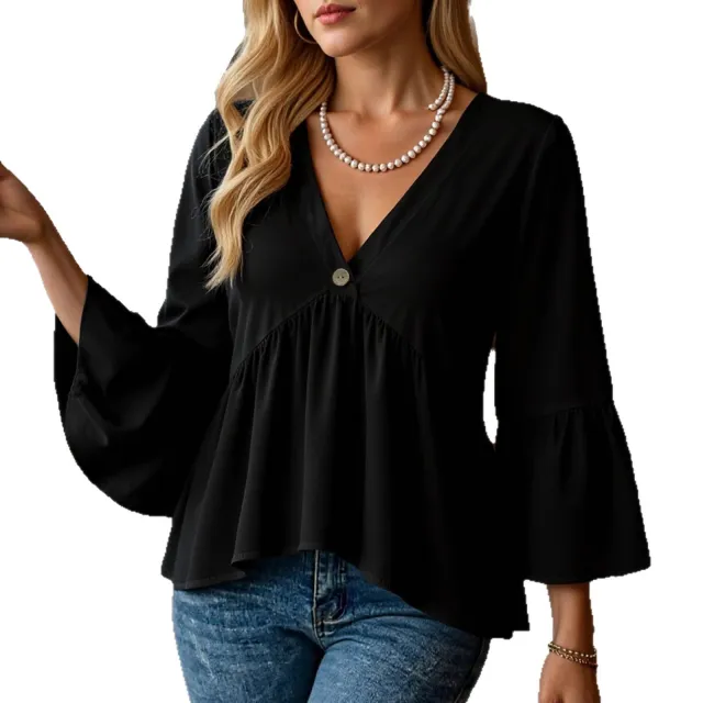 Women's Solid Color Casual Seven point Flared Sleeve Shirt Black - Shop at LoveMi