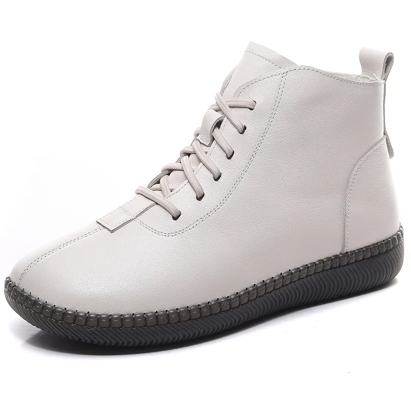Women's Genuine Leather Soft-soled Lightweight Flat Ankle Boots - White