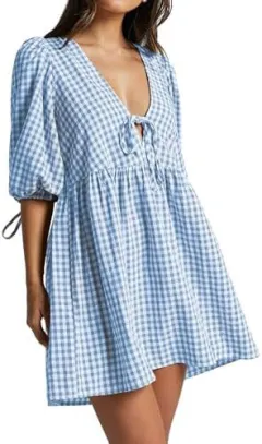 Women's Fashion V-neck Lace-up Plaid Dress - Blue - View 1