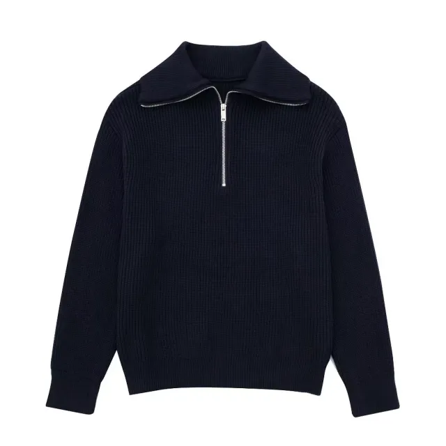 Casual All match Open Collar Wool Sweater Navy Blue - Shop at LoveMi