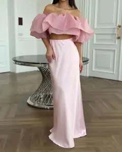 Elegant Off-shoulder Top Skirt Suit Women - Pink Skirt - View 1