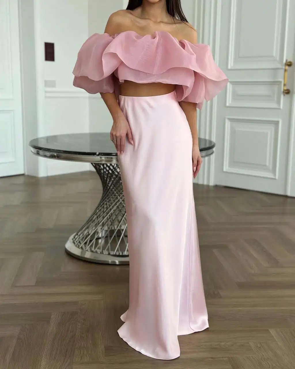 Elegant Off-shoulder Top Skirt Suit Women - Pink Skirt
