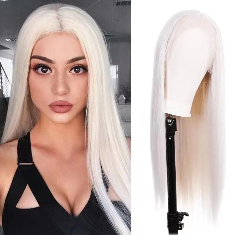 Front Lace Mid-length Straight Hair Women's High Temperature Synthetic Fiber Wigs - F0561 Gray White
