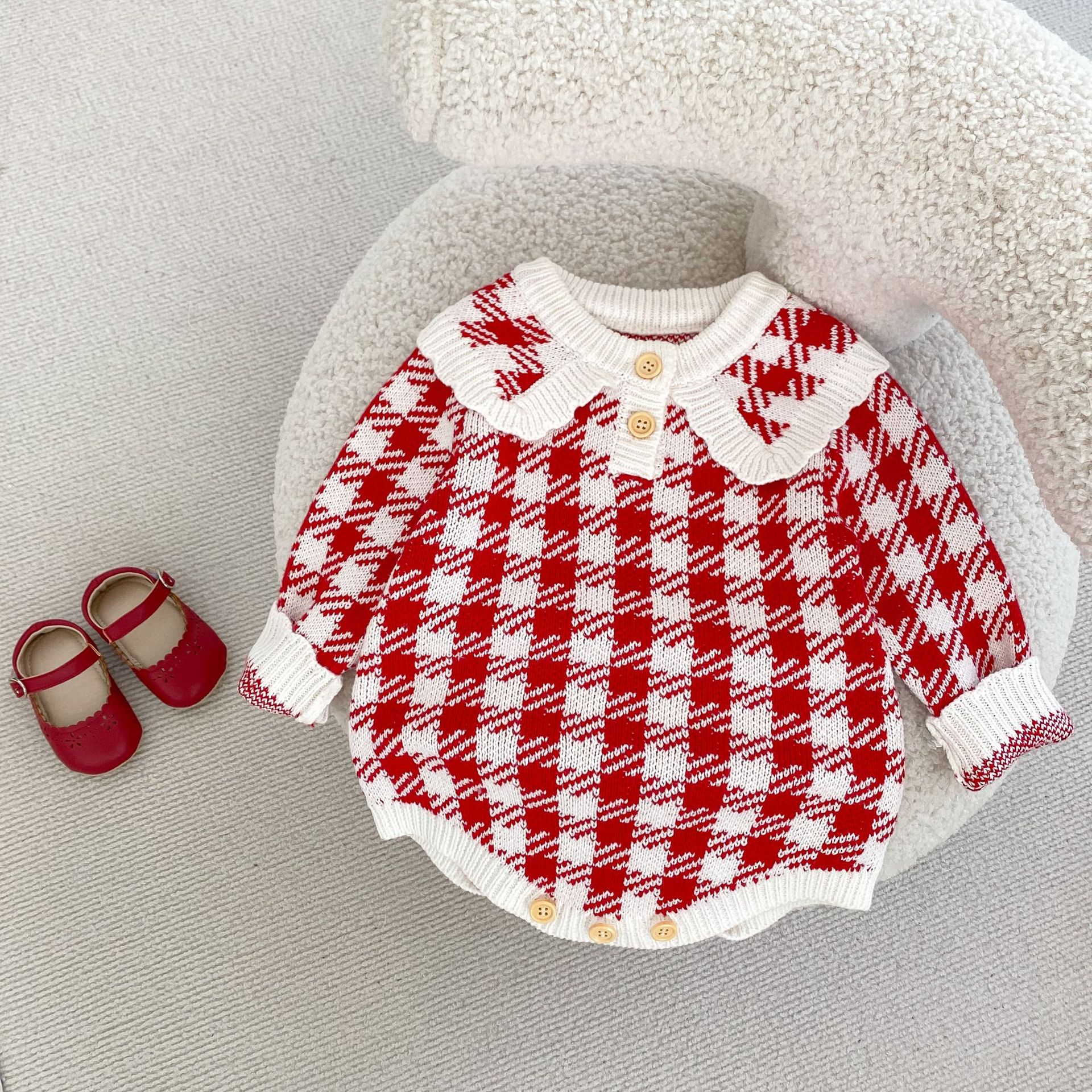 Title 6, Autumn Baby Girl Red Houndstooth Cotton Yarn Kn...