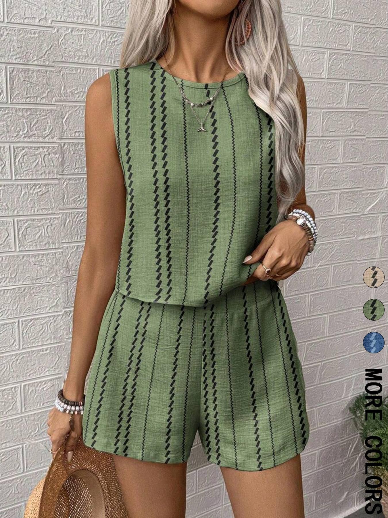 Casual Craft Stripe Printing Sleeveless Tank Top Shorts Suit Green - Shop at LoveMi