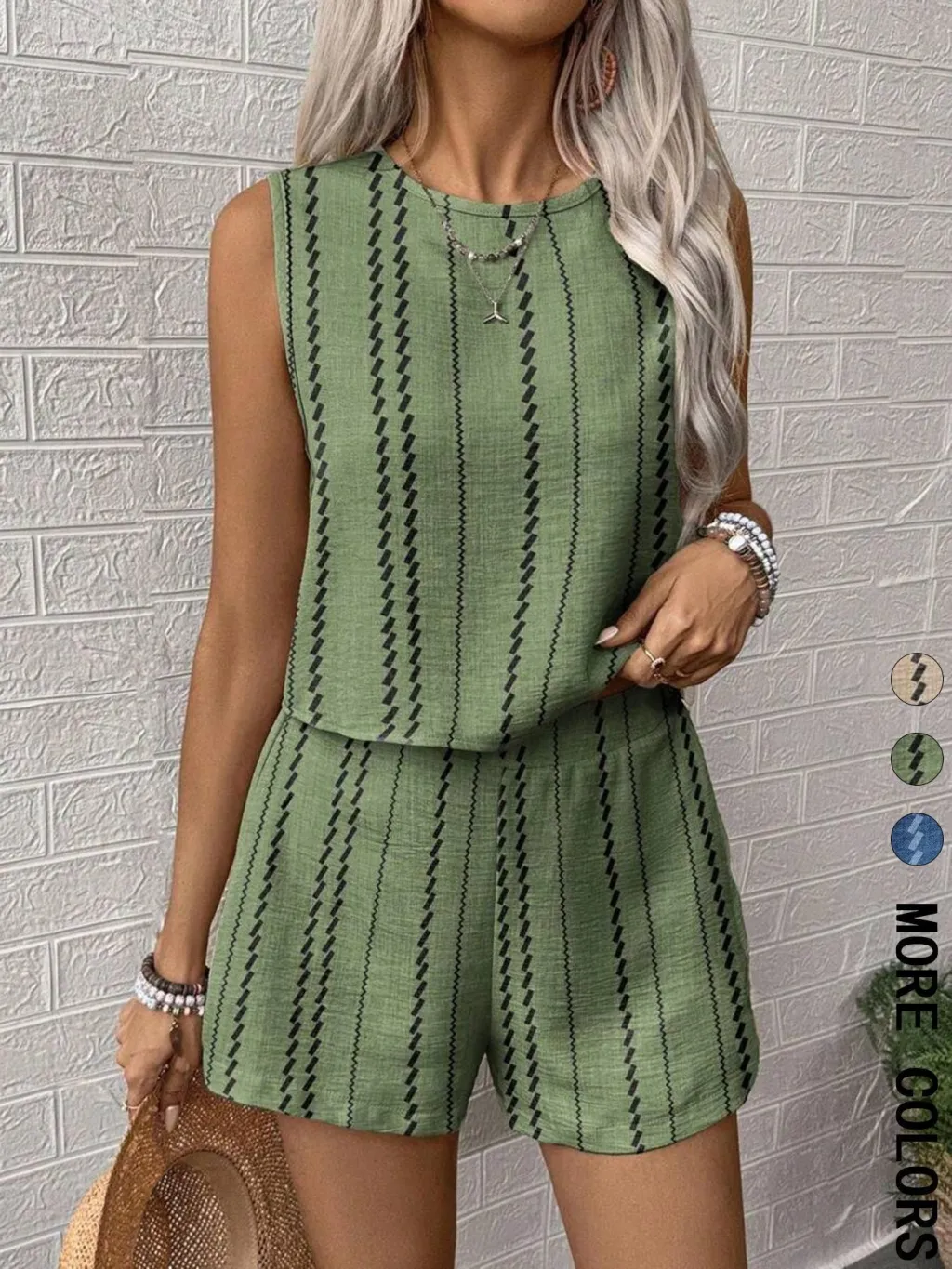 Casual Craft Stripe Printing Sleeveless Tank Top Shorts Suit - Green