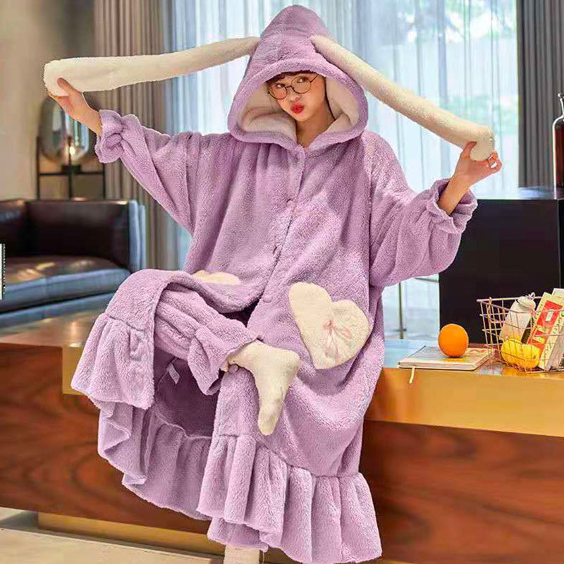 Title 15, Coral Fleece Long Nightgown Long Ears Hooded Ho...