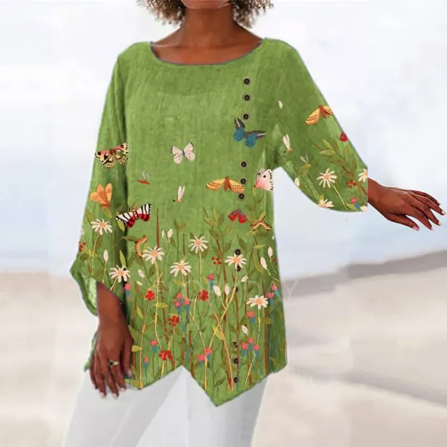 Casual Loose Round Neck Irregular Hem Printed Long Sleeve Shirt Yellow Green T3 - Shop at LoveMi